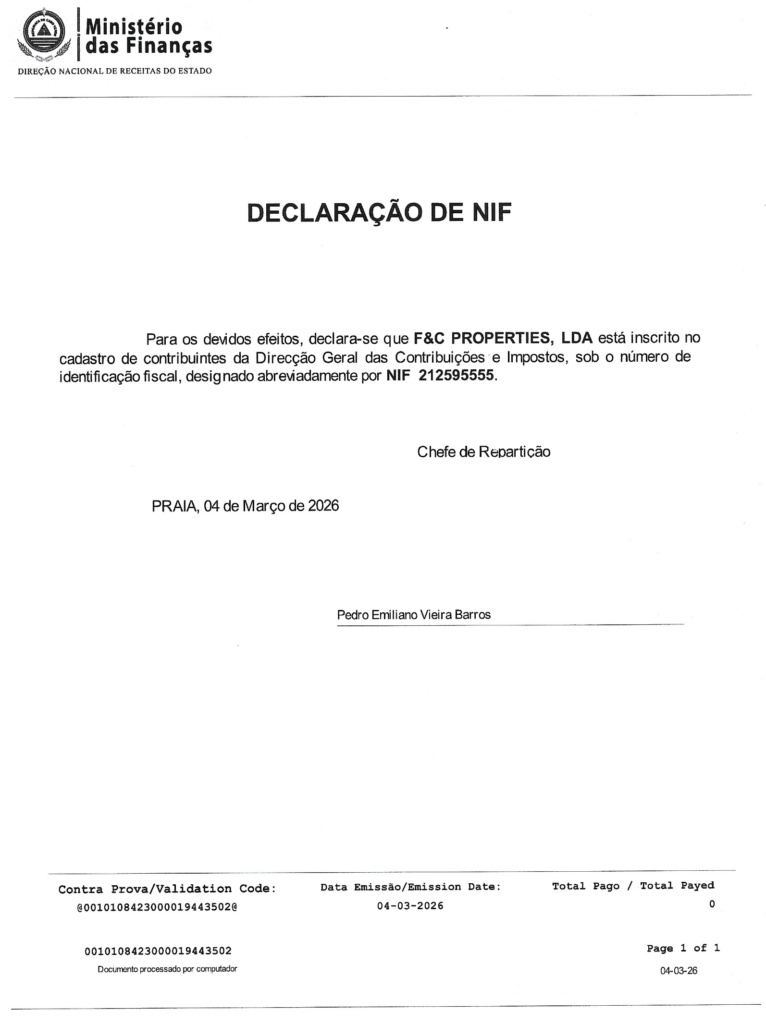 Декларация о налоговом номере (NIF) компании F&C Properties